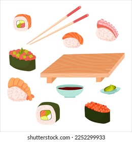 Set for sushi. Different types of sushi and rolls. Traditional Japanese roll, with tobiko caviar, original with Philadelphia cheese and soy sauce, salmon and king prawns. Vector illustration