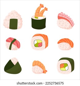 Preparado para el sushi. Diferentes tipos de sushi y panecillos. Rollo tradicional japonés, con caviar de tobiko, original con queso Filadelfia y salsa de soja, salmón y gambas grandes. Ilustración del vector