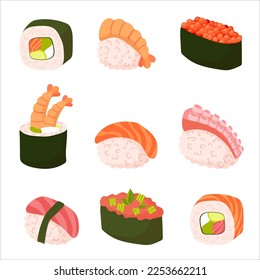 Set for sushi. Different types of sushi and rolls. Traditional Japanese roll, with tobiko caviar, original with Philadelphia cheese and soy sauce, salmon and king prawns. Vector illustration