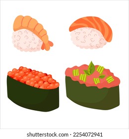 Set für Sushi. Verschiedene Arten von Sushi und Brötchen. Traditionelle japanische Roll mit Tobiko Kaviar, original mit Philadelphia-Käse und Sojasoße, Lachs und Königsgarnelen. Vektorgrafik