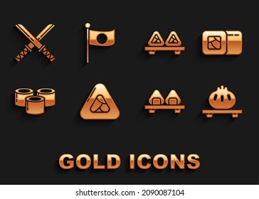 Set Sushi, Dumpling on cutting board, Traditional Japanese katana and National flag of pole icon. Vector