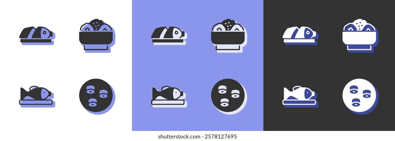 Set Sushi, Fish with sliced pieces, Served fish on a plate and Chow mein icon. Vector