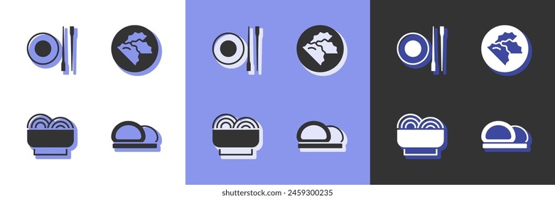 Set Sushi, Food chopsticks with plate, Asian noodles in bowl and Dumpling icon. Vector