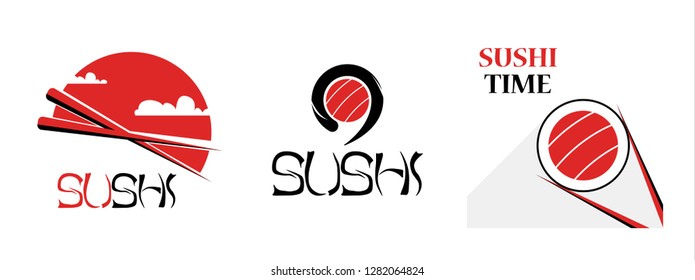 Set of sushi food logotype for asian food delivery. Roll with salmon and rice. Cuisine with seafood. Emblem for menu of japan restaurant.