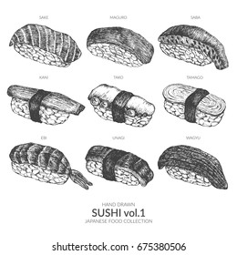 Set of sushi. Hand drawn collection with ink and pen. Vintage black and white illustration. Japanese food vector element.	
