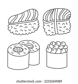 Un conjunto de doodle dibujado a mano con sushi. Dibujo de contorno, dibujo de línea de contorno de contorno de contorno de contorno. Colorido de la página. Ilustración vectorial de línea simple aislada en fondo blanco.