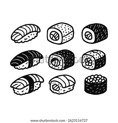 Set of sushi in hand drawn marker style. Vector doodle illustration isolated on white background.