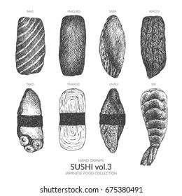 Set of sushi. Hand drawn top view with ink and pen. Vintage black and white illustration. Japanese food vector element.	
