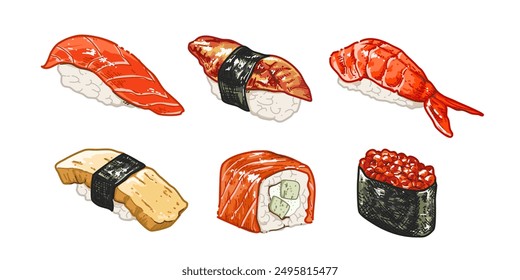 Set of Sushi in Hand-drawn style, Drawing of food elements. Japanese Food sketch vector illustration