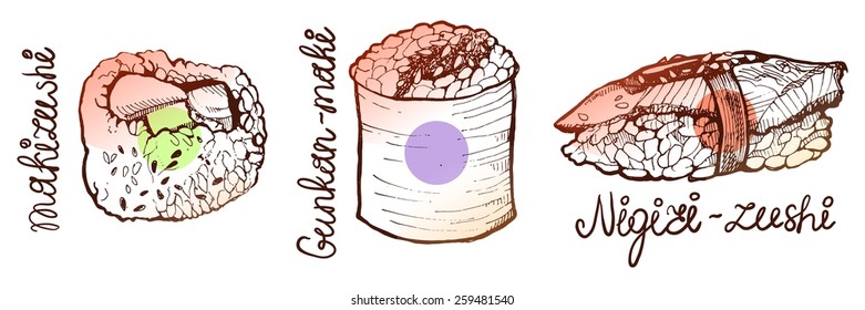 Set of sushi hand-drawn. Vector illustration of three types of sushi. Lettering.