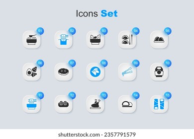 Set Sushi, Homemade pie, Asian noodles in paper box, bowl, Guotie, Ramen soup and Dumpling icon. Vector