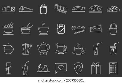 A set of sushi icons, rolls, noodles, soup, cake, drinks, lemonade, tea, menu. Asian cuisine. Vector linear elements are white on a dark background.