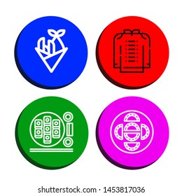 Set of sushi icons such as Fish and chips, Kimono, Sushi roll, Dumpling , sushi