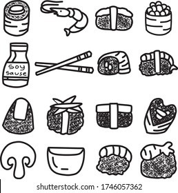 A Set of sushi Icons suitable for business, industrial, outdoor, technology, food, holiday and sport content with doodle cartoon style