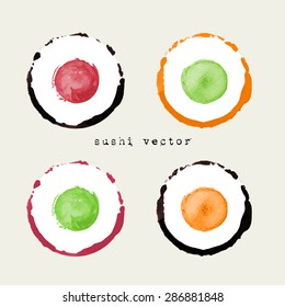 Set of sushi icons in watercolor style