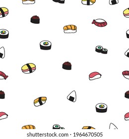 set of sushi illustration on white background. seamless pattern concept. hand drawn vector. traditional japanese food. doodle art for wallpaper, fabric, textile, backdrop, wrapping paper and gift. 