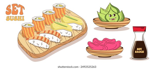 A set of sushi items, rolls in vintage style. Wasabi, soy sauce, pink ginger groovy style.