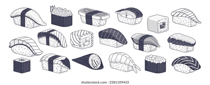 Set of sushi. Japanese food with rolls, nigiri, maki, temaki, uramaki. Asian seafood cuisine with rice, nori, tuna, salmon and fish roe. Vector illustration.
