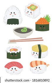 Set of sushi Japanese food vector illustration cartoon isolated on white background. Onigiri rice . Maguro tuna, gunkan warship, tamago sweet omelette , ebi shrimp, maki and California maki sushi. 