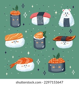 Set of Sushi in Kawaii style. Cute, colorful illustration. Japanese food. Anime and chibi. Vector.