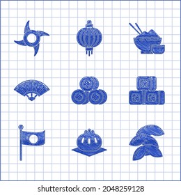 Set Sushi, Khinkali on cutting board, Chinese fortune cookie, National flag of Japan pole, Paper chinese japanese folding fan, Rice bowl with chopstick and Japanese ninja shuriken icon. Vector