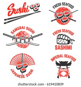 Set of Sushi labels. Japanese seafood. Samurai sword. Design elements for logo, label, emblem, sign,menu. Vector illustration
