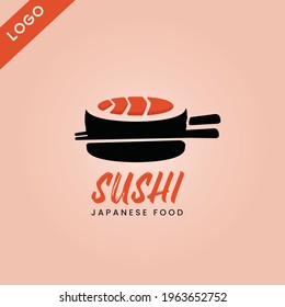 Set Sushi Logo Template For Japanese Food Restaurant With Red And Black Color Salmon Sushi Theme. Isolated on Pink Background.