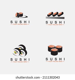 Set Sushi logo template.Vector Icon Style Illustration Bar or Shop, Sushi,Salmon Roll,Sushi and rolls with chopstick bar or restaurant vector logo template 