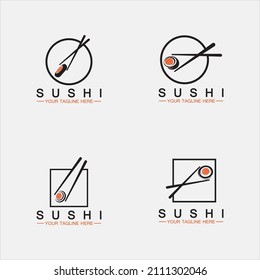 Set Sushi logo template.Vector Icon Style Illustration Bar or Shop, Sushi,Salmon Roll,Sushi and rolls with chopstick bar or restaurant vector logo template 