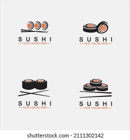 Set Sushi logo template.Vector Icon Style Illustration Bar or Shop, Sushi,Salmon Roll,Sushi and rolls with chopstick bar or restaurant vector logo template 