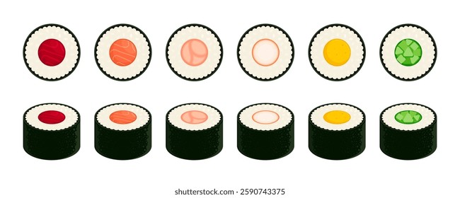 Set of sushi maki rolls with salmon, tuna, shrimp, kani, egg, and cucumber, wrapped in seaweed and rice. Japanese food, seafood cuisine concept. Flat vector illustration isolated on white background