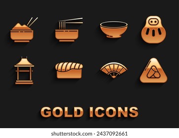 Set Sushi, Maneki neko cat, Paper chinese or japanese folding fan, Japan Gate, Bowl of hot soup, Rice bowl with chopstick and Asian noodles and chopsticks icon. Vector