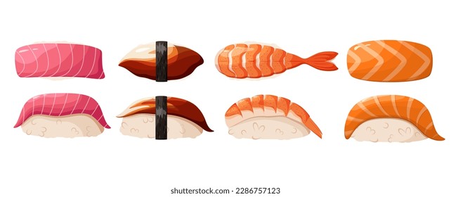 A set of sushi nigiri on a white background. Japanese cuisine.
