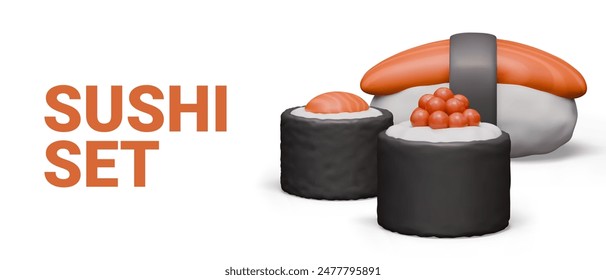 Set of sushi and nigiri on white background. Appetizing seafood dishes in realistic style