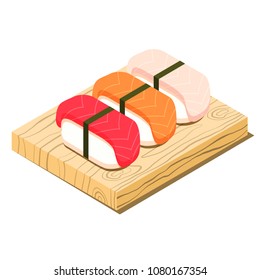 Set of sushi on cutting board isometric icon, cooking asian food concept, vector eps10 illustration