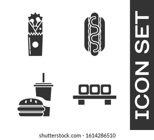 Set Sushi on cutting board, Doner kebab, Paper glass with drinking straw and burger and Hotdog sandwich with mustard icon. Vector
