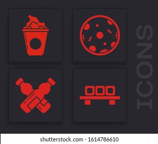 Set Sushi on cutting board, Popcorn in cardboard box, Pizza and Crossed bottle of water icon. Vector