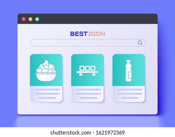 Set Sushi on cutting board, Popcorn in bowl and Bottle of water icon. Vector