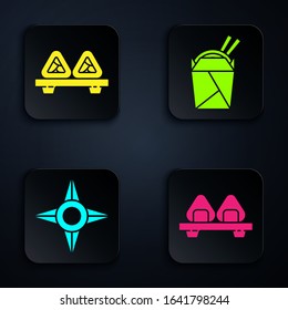 Set Sushi on cutting board, Sushi on cutting board, Japanese ninja shuriken and Asian noodles in paper box and chopsticks. Black square button. Vector