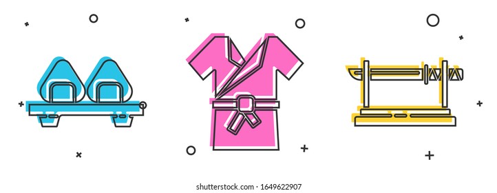 Poner el sushi en la tabla de corte, el disfraz japonés Kimono e icono tradicional japonés de katana. Vector