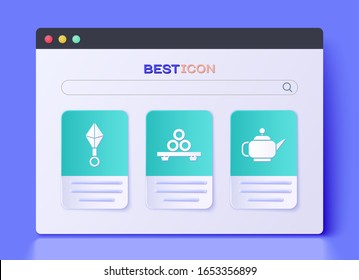 Set Sushi on cutting board, Japanese ninja shuriken and Japanese tea ceremony icon. Vector