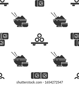 Set Sushi, Sushi on cutting board and Rice in a bowl with chopstick on seamless pattern. Vector