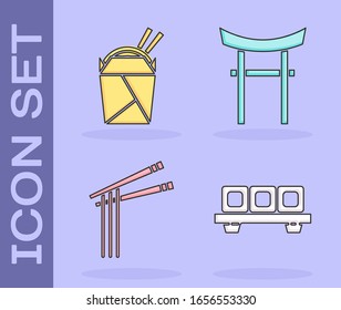 Set Sushi on cutting board, Asian noodles in paper box and chopsticks, Asian noodles and chopsticks and Japan Gate icon. Vector