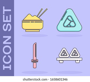 Sushi auf Schneidebrett setzen, Reis in einer Schüssel mit Chopstick, japanische Katana und Sushi Ikone. Vektorillustration
