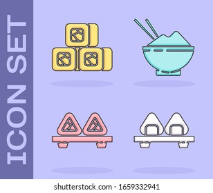Ponga Sushi en la tabla de corte, Sushi, Sushi en la tabla de corte y Arroz en un bol con icono de palillos. Vector