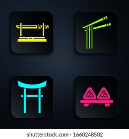 Sushi auf Schneidebrett setzen, Traditionelles japanisches Katana, Japan Tor und asiatische Nudeln und Stäbchen. Schwarze Quadrat-Taste. Vektorillustration