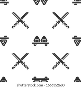 Ponga el sushi en la tabla de corte, el suhi en la tabla de corte y el katana tradicional japonés en un patrón impecable. Vector
