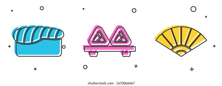 Set Sushi, Sushi on cutting board and Paper chinese or japanese folding fan icon. Vector