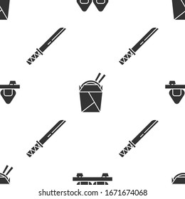Set Sushi on cutting board, Asian noodles in paper box and chopsticks and Traditional Japanese katana on seamless pattern. Vector