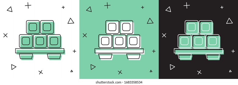 Coloque el sushi en el icono de la tabla de corte aislado en fondo blanco y verde, negro. Sushi de comida asiática en tablero de madera. Ilustración vectorial